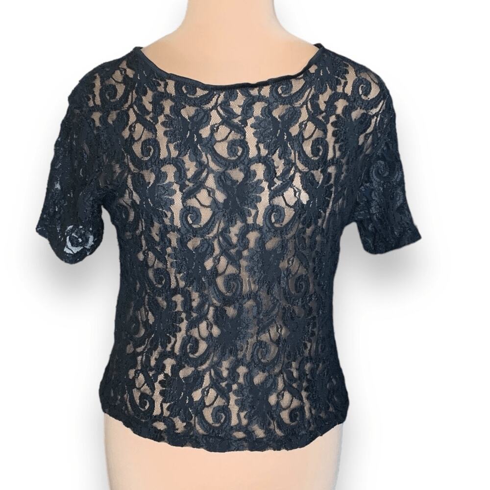 Y2K Black Sheer Floral Lace Short Sleeve Top Medium Romantic Floral Layering